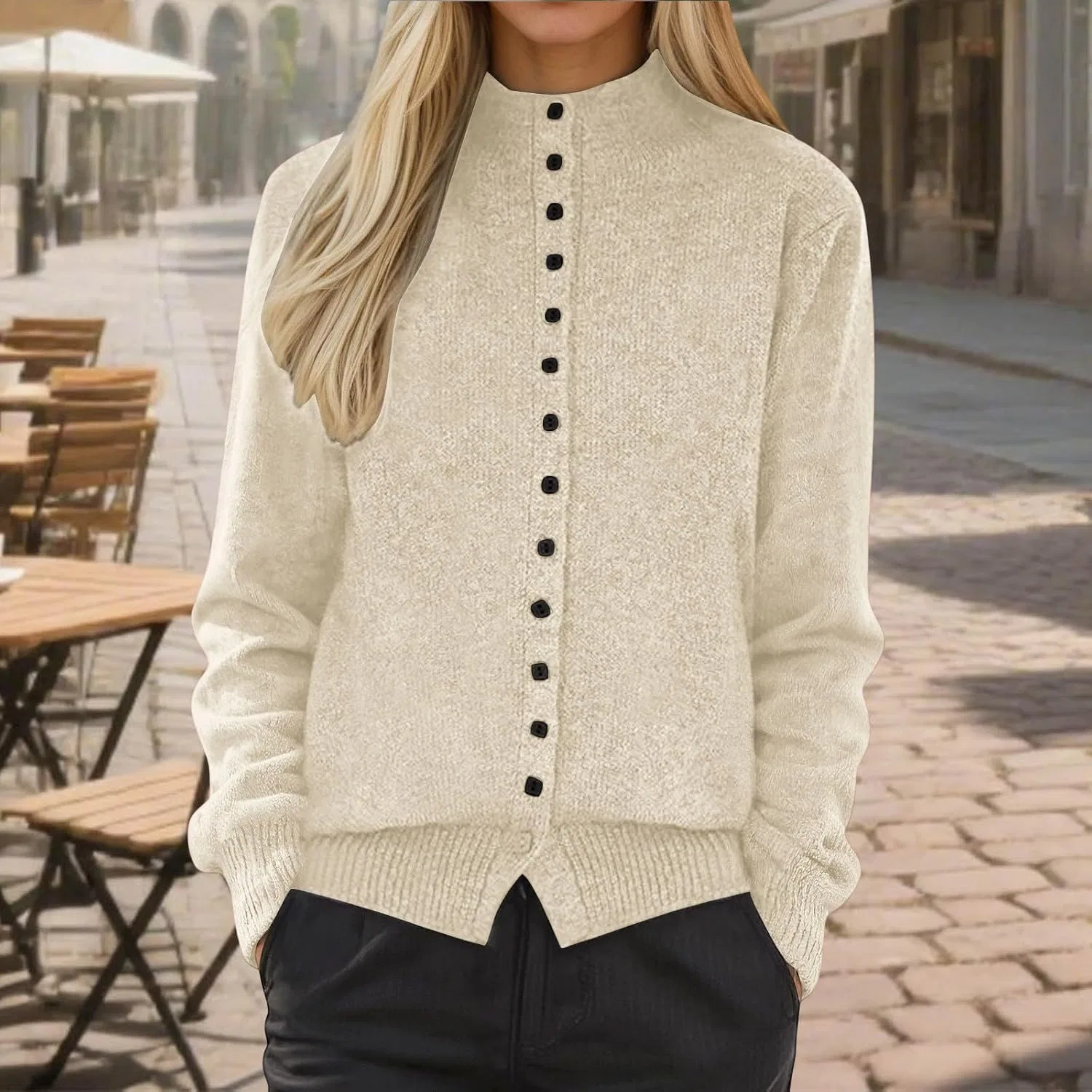 Женский кардиган с длинным рукавом, модель Trendy Button Up, бежевый — фото 3