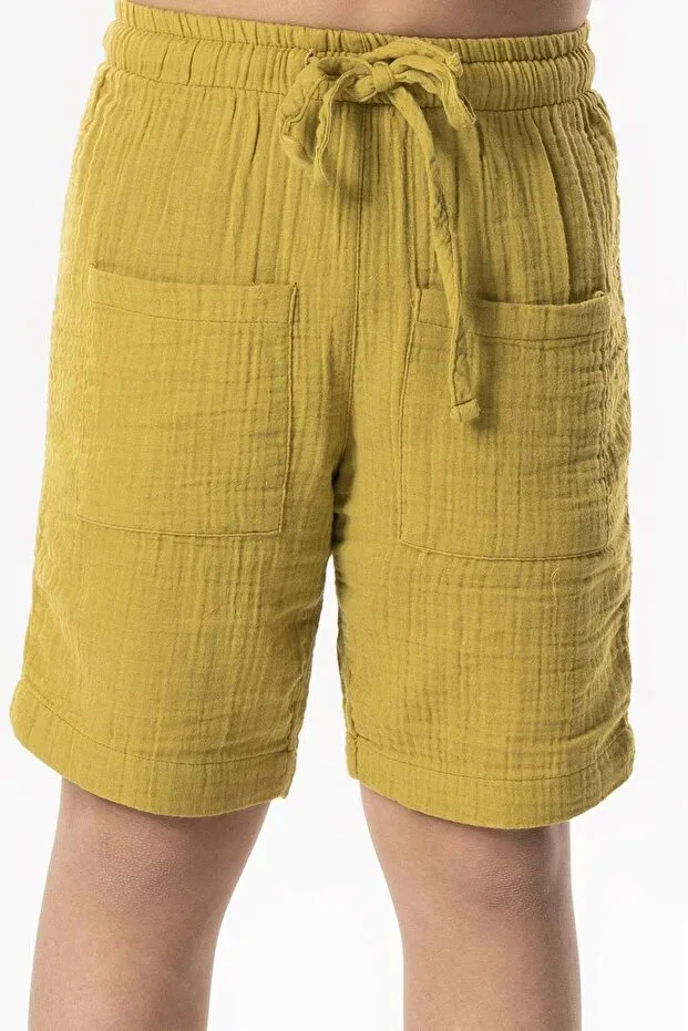 Детские шорты для мальчиков хлопковые Western Pocket Detailed Summer Muslin Boys' Shorts Oil Green Eliş Şile Bezi, Oil Green