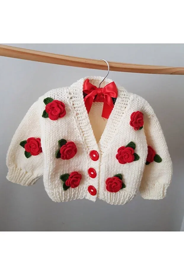Детский кардиган с длинным рукавом Rose Detailed Hand Knitted Children's Cardigan El Örgüsü, White