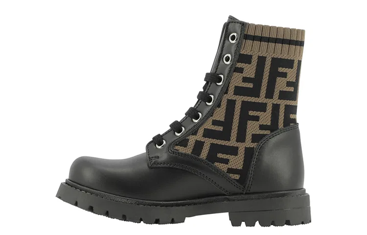 Детские кожаные ботинки для мальчиков с грубым каблуком FENDI, Black Brown