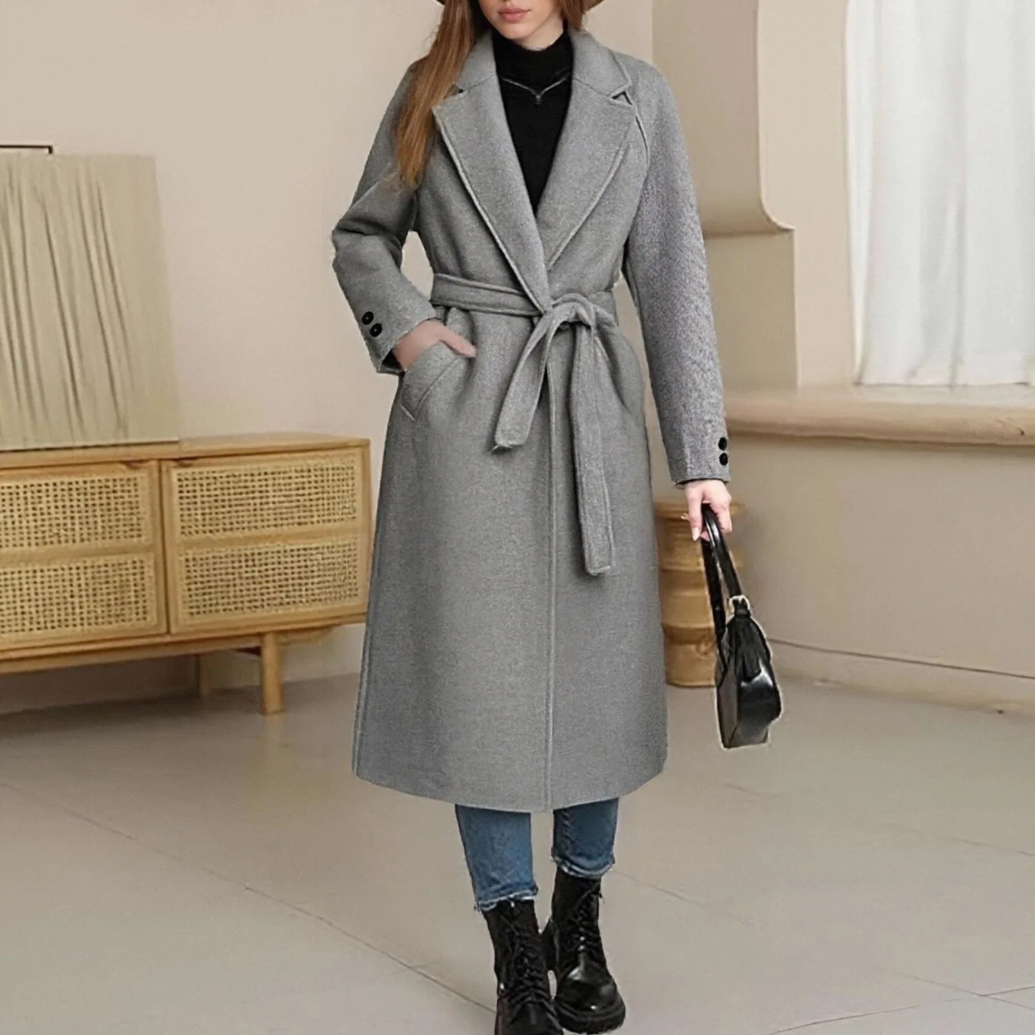 Женское пальто с шалью-воротником и поясом Elegant Winter Outerwear, Grigio — фото 3