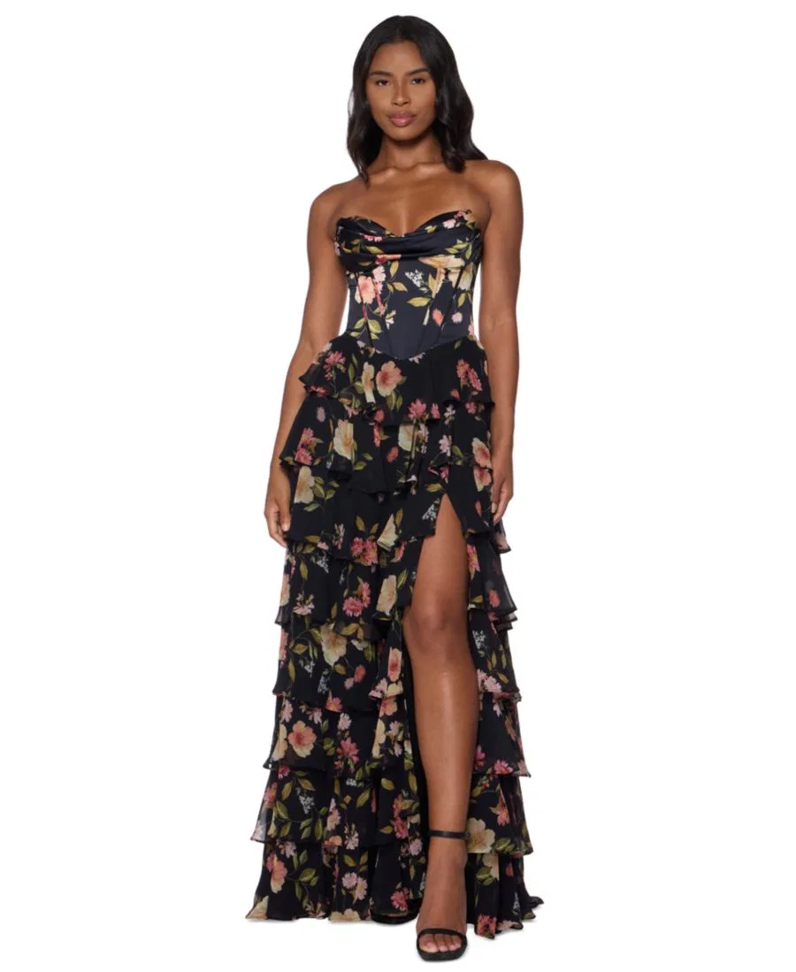 Платье без бретелей с корсетным лифом, многоярусной юбкой Alex & Sophia, Black/Multi