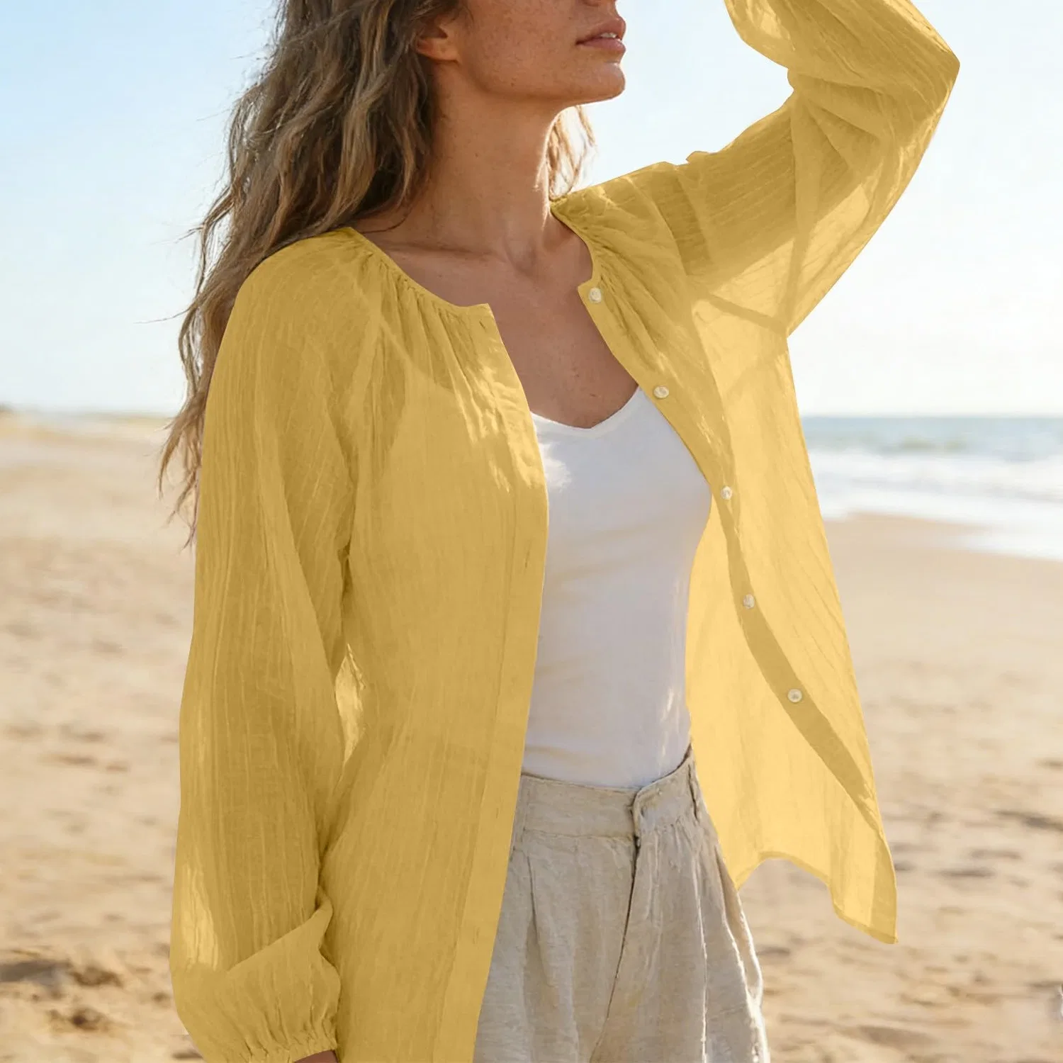 Женская блузка из хлопка и льна с длинным рукавом, Yellow — фото 3