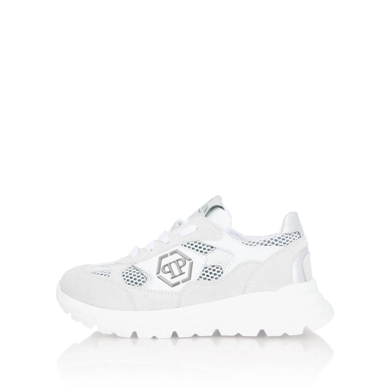 Детские кроссовки из замши и сетки Philipp Plein, White/Silver — фото 4