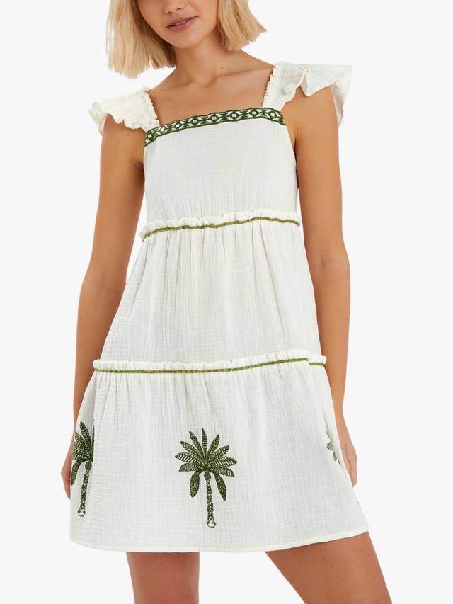 

Хлопковое платье с вышивкой пальмы и ярусами Accessorize, Ivory