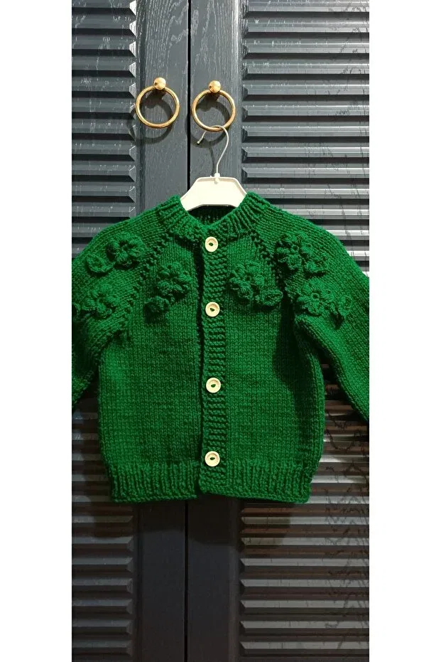 Детский кардиган для девочек вязаный Hand knitted girl's cardigan El Örgüsü Cici Bebe, Dark Green — фото 4
