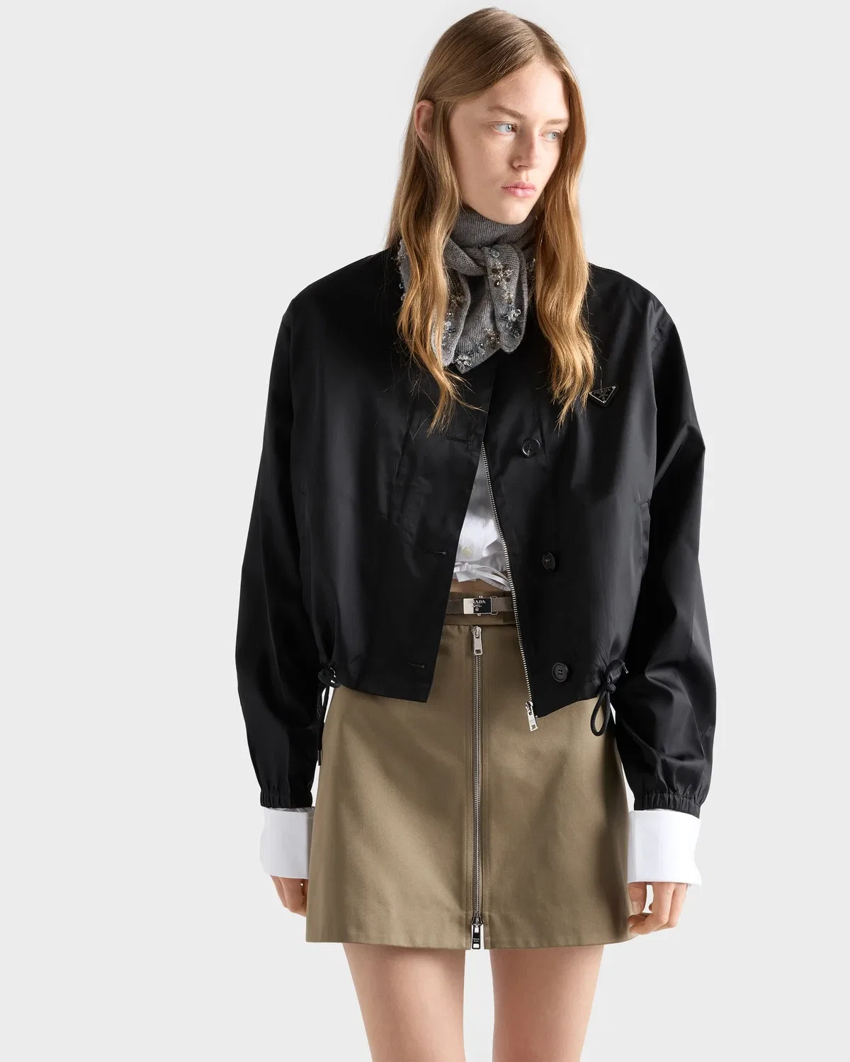 Мини-юбка А-силуэта с застежкой-молнией Prada, бежевый — фото 3