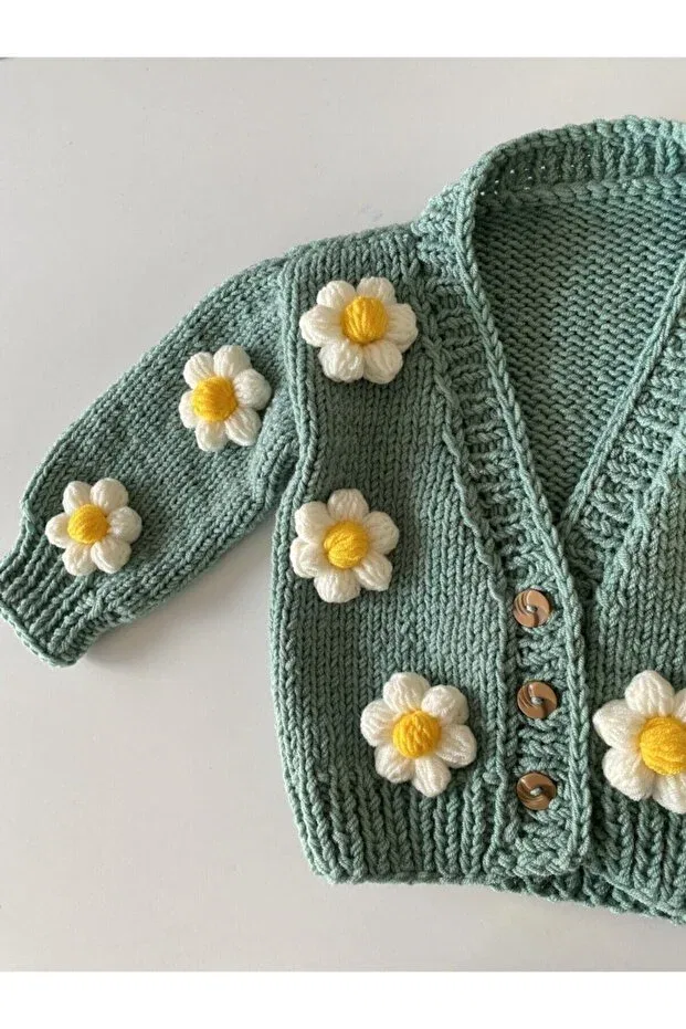 Детский кардиган для девочек с цветочным принтом Hand knitted daisy baby cardigan Hobihanem Tuhafiye, Mint — фото 2