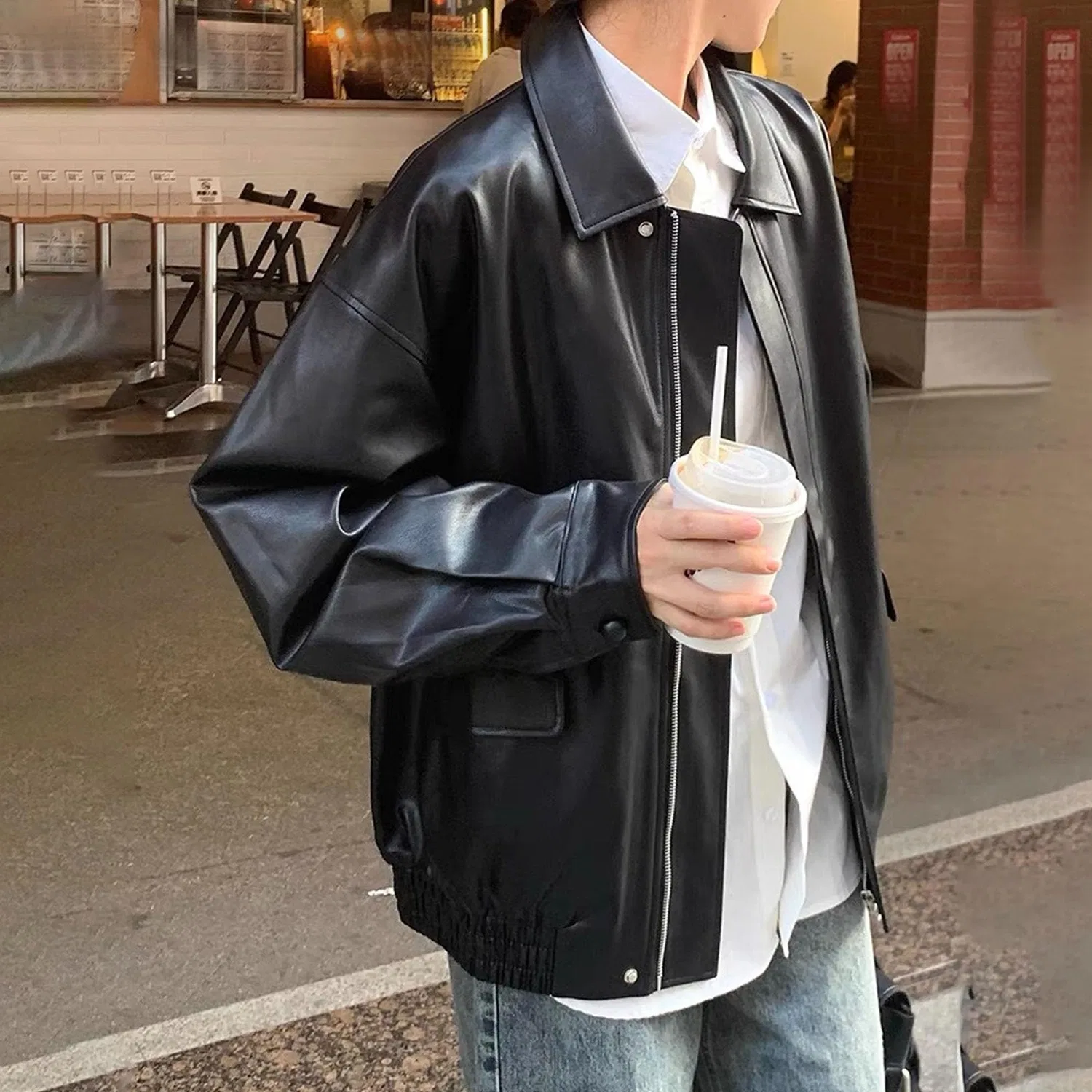 Женская куртка из экокожи с длинным рукавом bomber, Nero — фото 3
