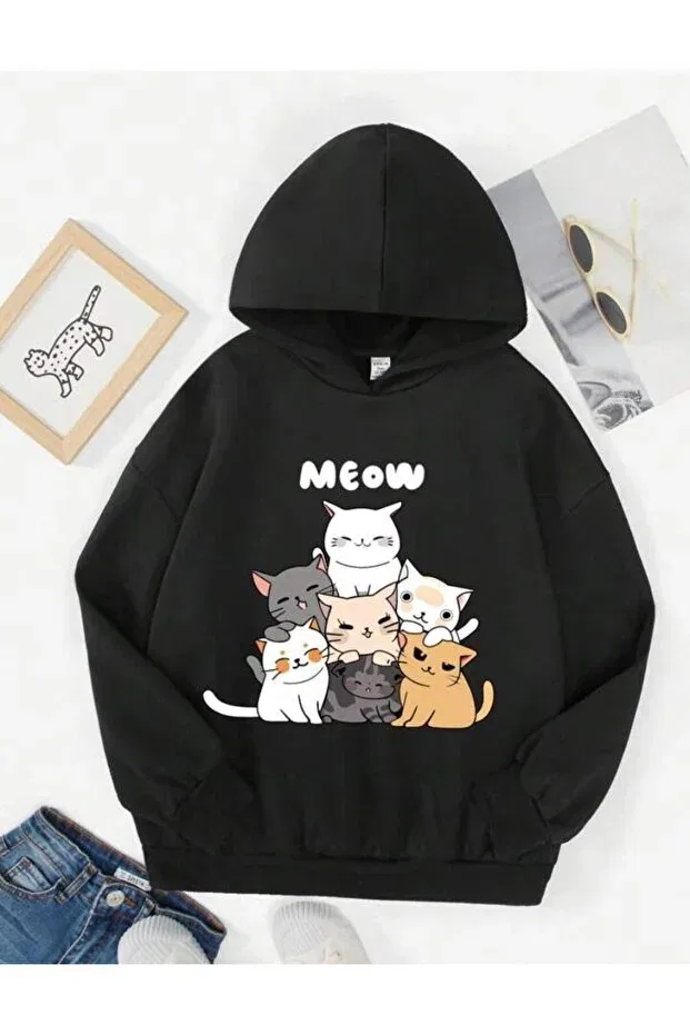 Детское худи для девочек с принтом Meow cats black cotton kids sweatshirt - girls boys winter pocket hooded Generic Brands, Black
