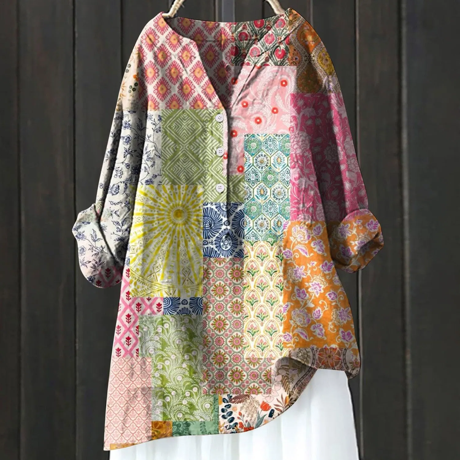Женская блузка с V-образным вырезом и пуговицами, модель Linen 2026, Multi-coloured — фото 2