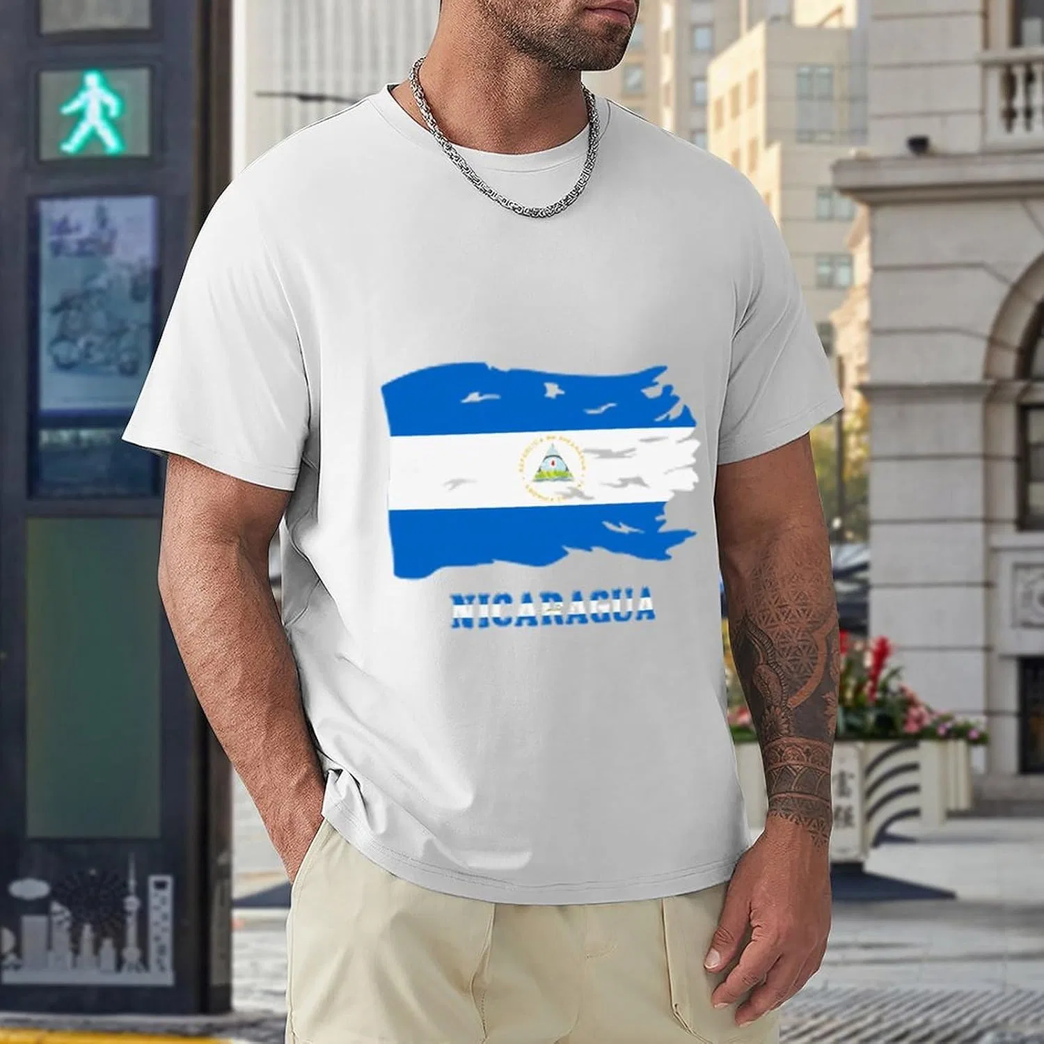Мужская классическая футболка с принтом флага Никарагуа, White — фото 3