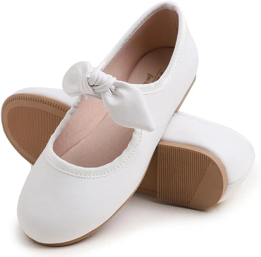 Детские туфли для девочек с пряжкой FEVERSOLE, Vegan Leather Bow Elastic Maryjane White