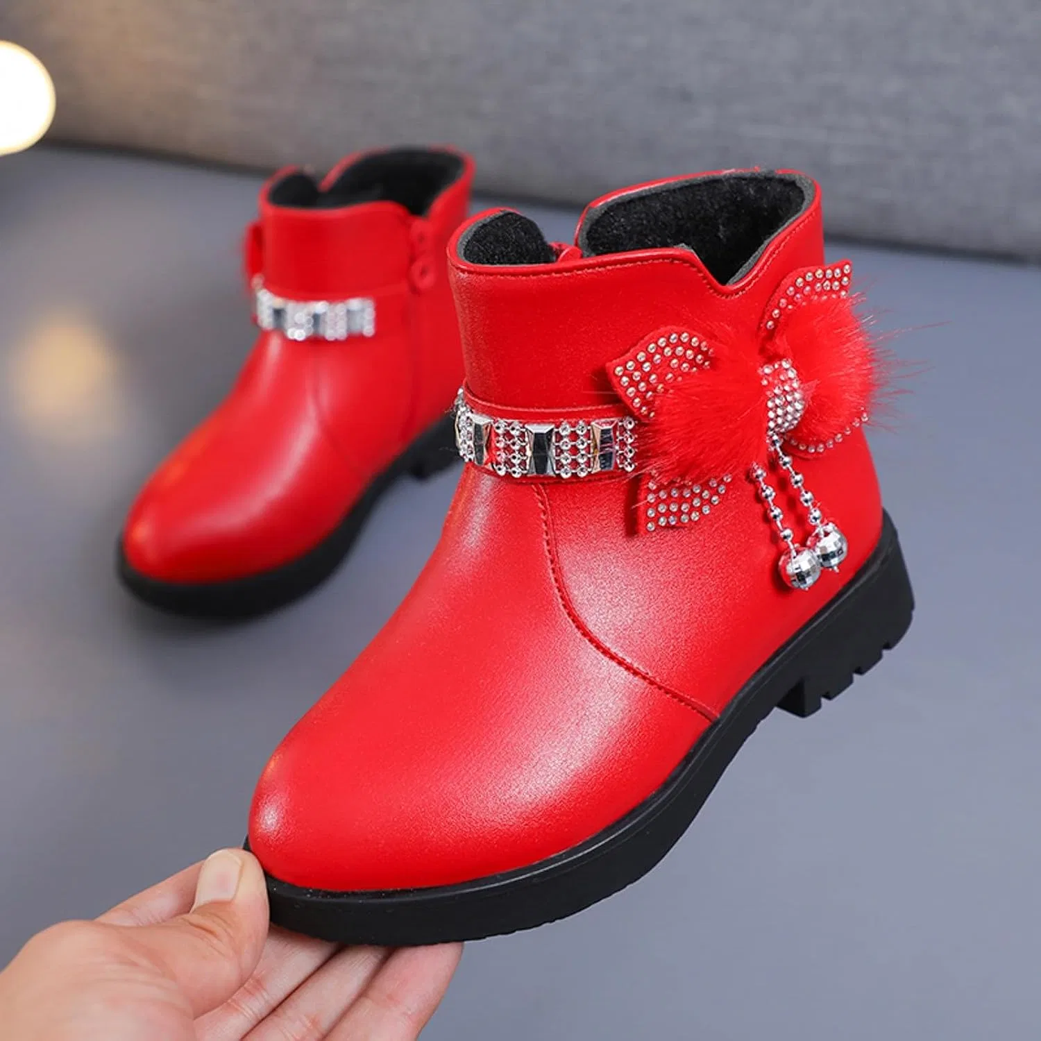 Детские зимние ботинки для девочек с бантом IWIHMIV, Red — фото 3