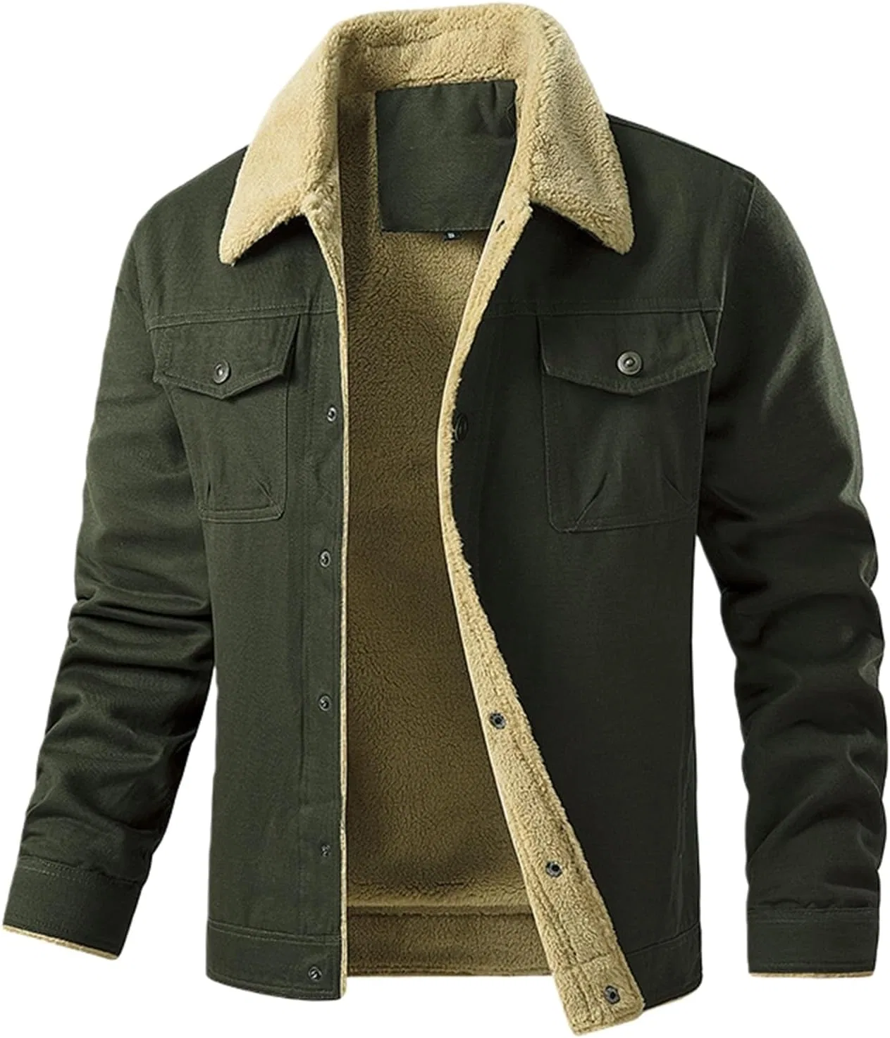 Мужское зимнее пальто с флисовой подкладкой, Vintage Coats Trucker Lapel Denim Multi Pockets Work Coat, армейский зелёный
