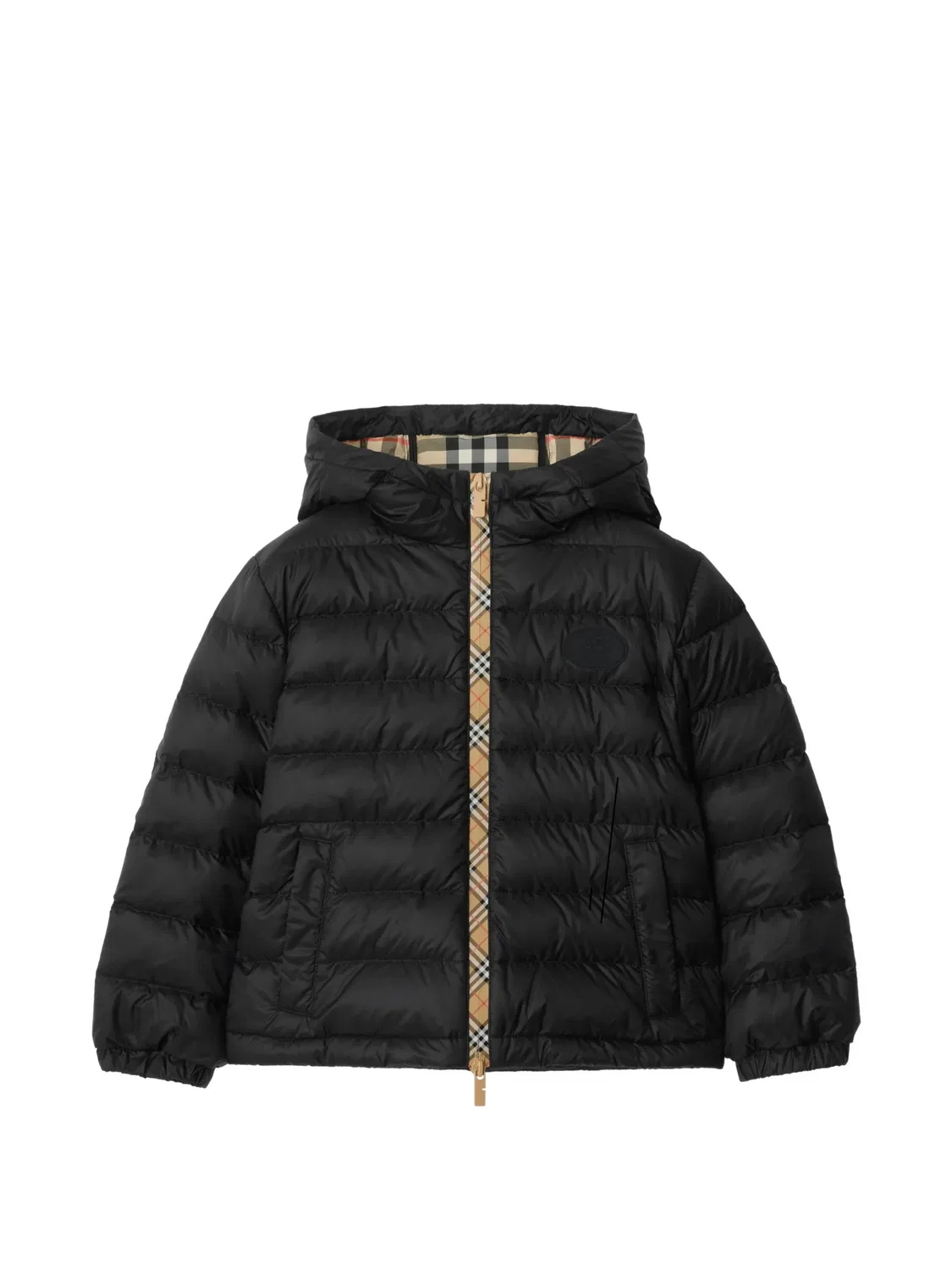 Пуховая куртка с капюшоном в клетку Burberry Kids, черный