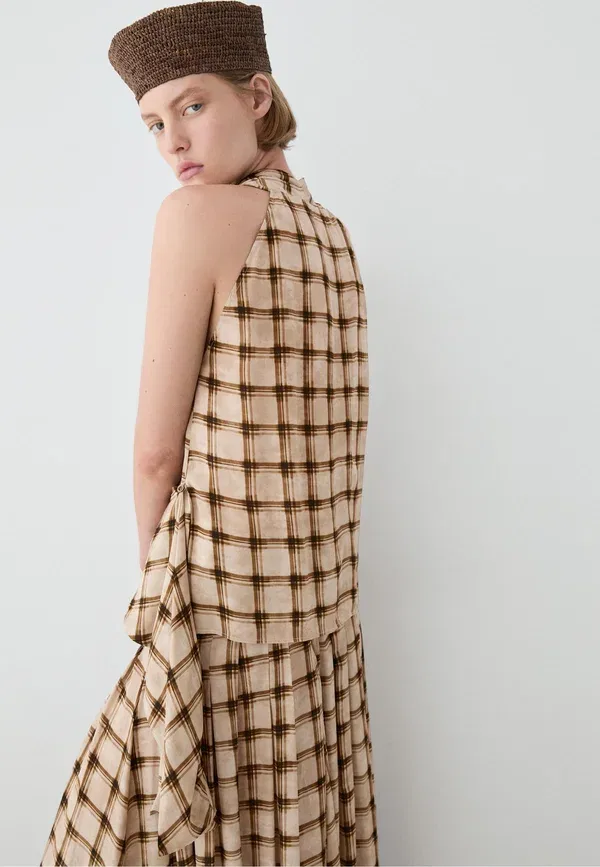 Топ асимметричный Flowing check print wrap Massimo Dutti, brown, коричневый — фото 4