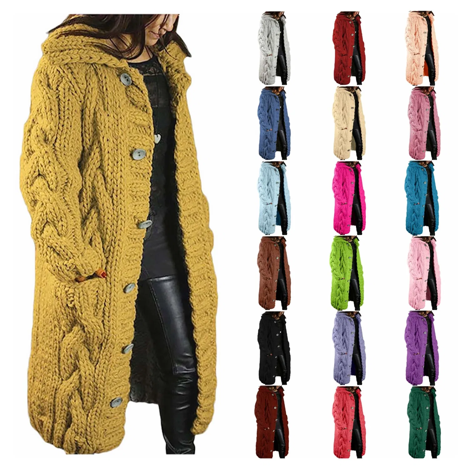 Женский кардиган с пуговицами из объемной вязки, Oversized Long Solid Color Stand Collar Casual Jackets, Yellow