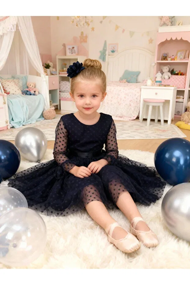 Детское платье для девочек с длинным рукавом Buckle polka dot tulle puffy dress Lunas Tekstil, Navy Blue — фото 2
