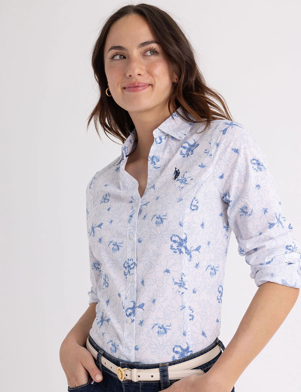 

Рубашка U.S. Polo Assn Long Sleeve Fitted Printed Poplin, белый/голубой
