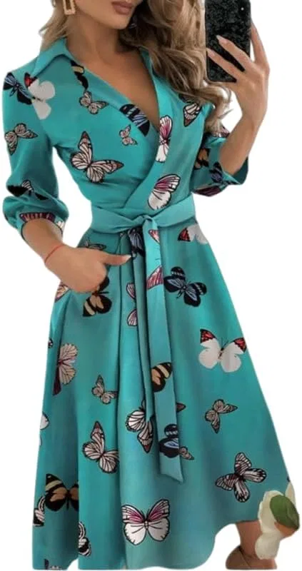 Женское платье-трапеция с воротником-рубашкой, рукавом 3/4 и поясом, Butterfly Print