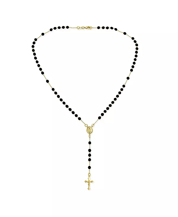 

Религиозное ожерелье из черных бусин с изображением Девы Марии и креста-распятия, позолоченное Bling Jewelry, black