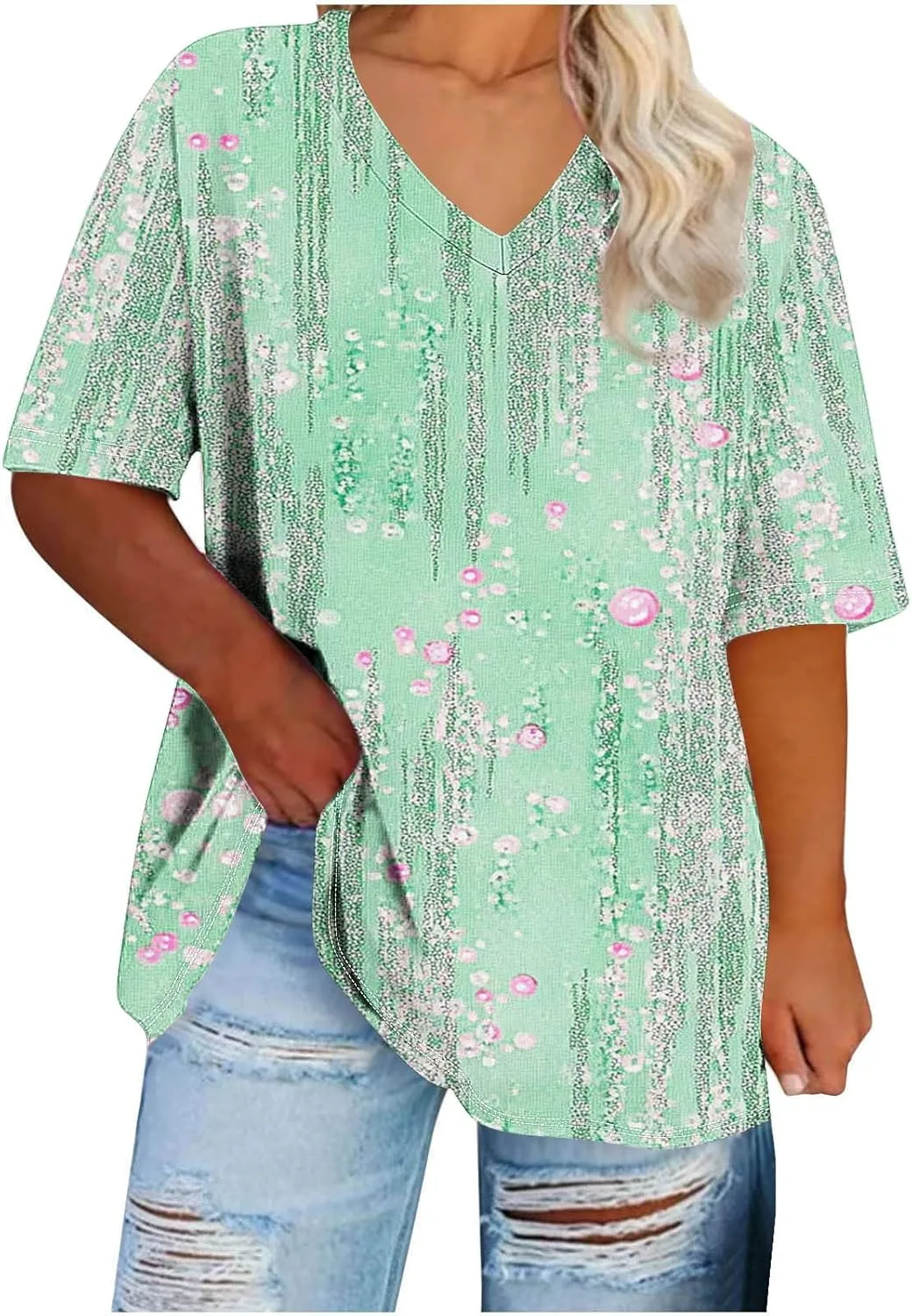 

Плюс сайз женская блузка с цветочным принтом и V-образным вырезом Smxrfitk