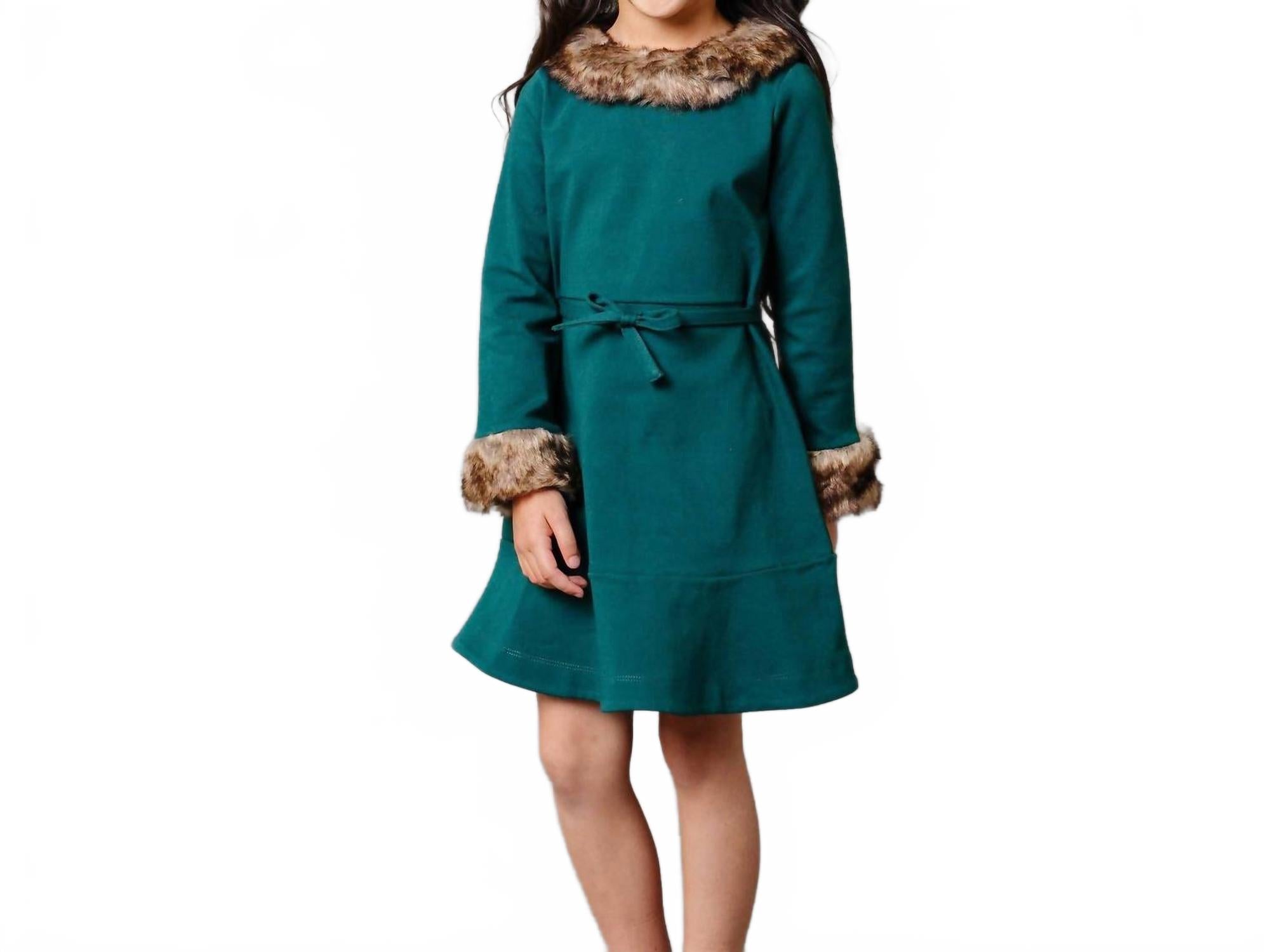 

HOPE & HENRY Платье из ткани понте с длинными рукавами и искусственным мехом, темно-зеленого цвета