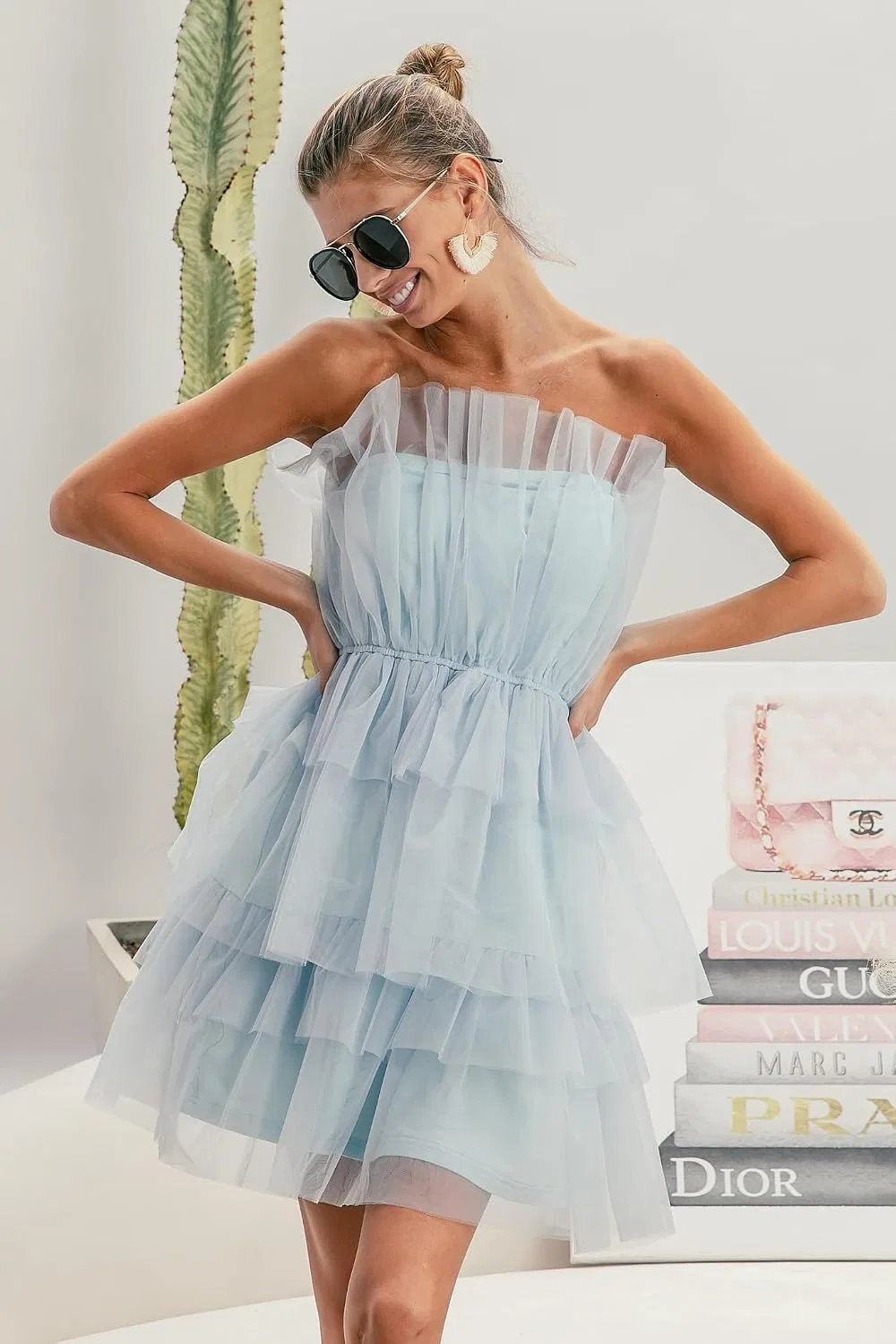 Женское прямое платье с многослойной органзой Sleeveless Layered Organza, Sky Blue — фото 3