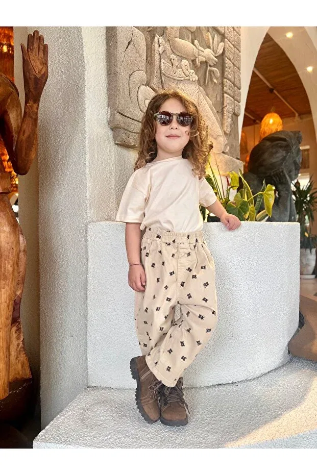 Детские брюки для девочек с принтом Teddy Bear Patterned Balloon Pants Padri Kids, Nude Color — фото 2