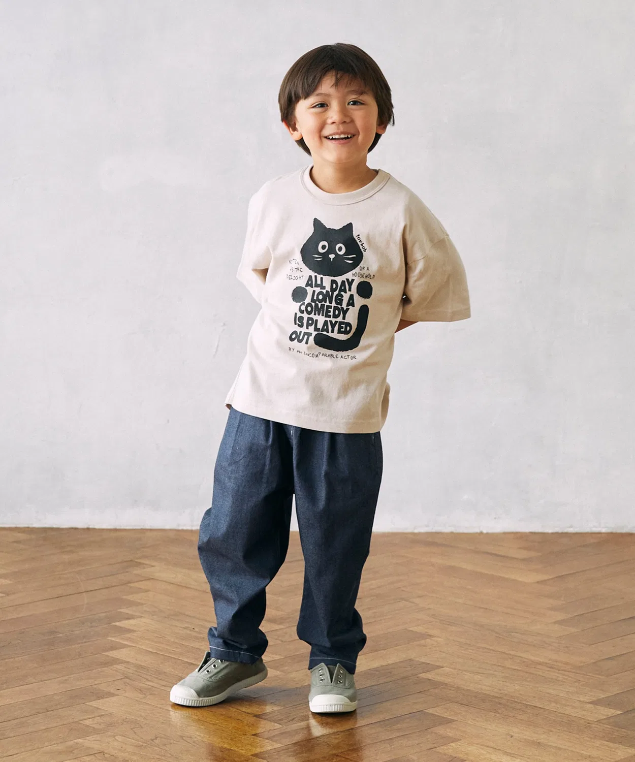 Детская футболка с принтом черного кота FOV CAT T-Shirt, Beige — фото 4