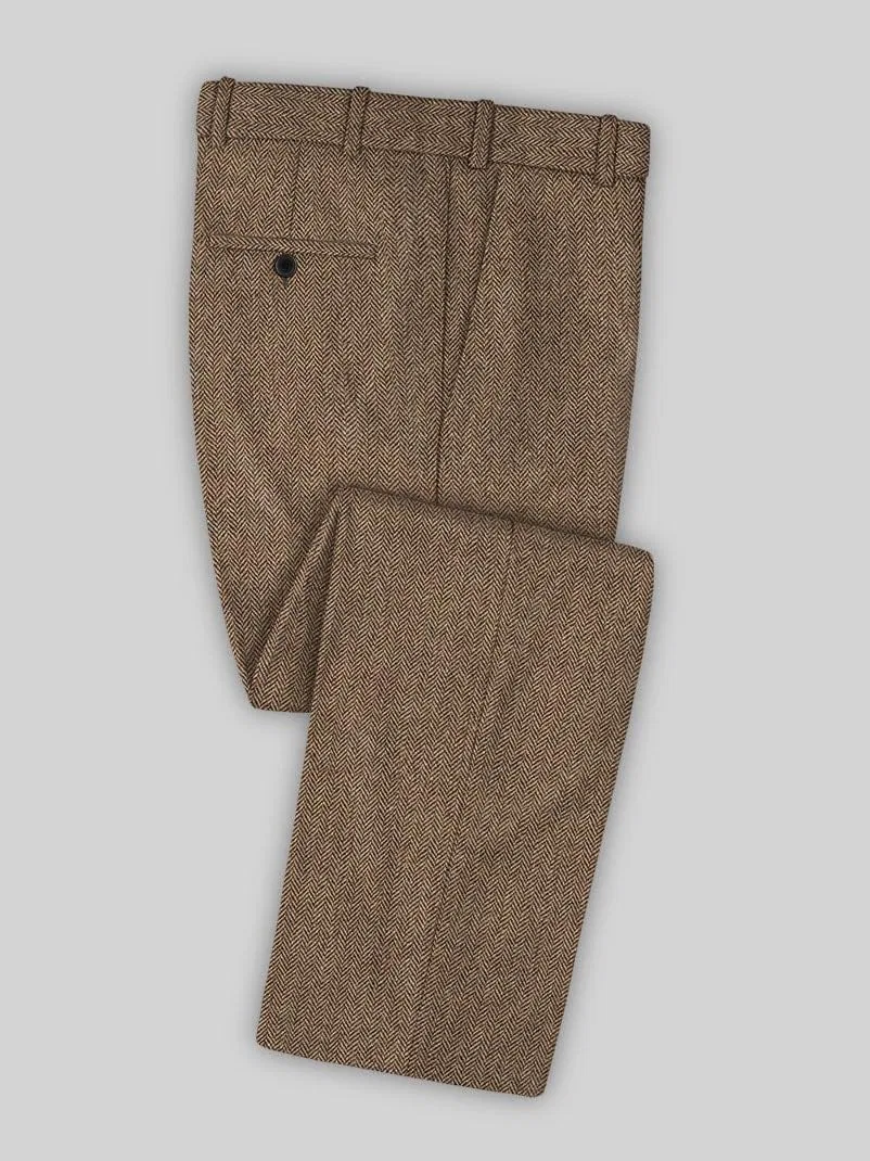 Мужские брюки классического кроя из твида с принтом "елочка", модель Vintage Herringbone High Waist, коричневый — фото 2