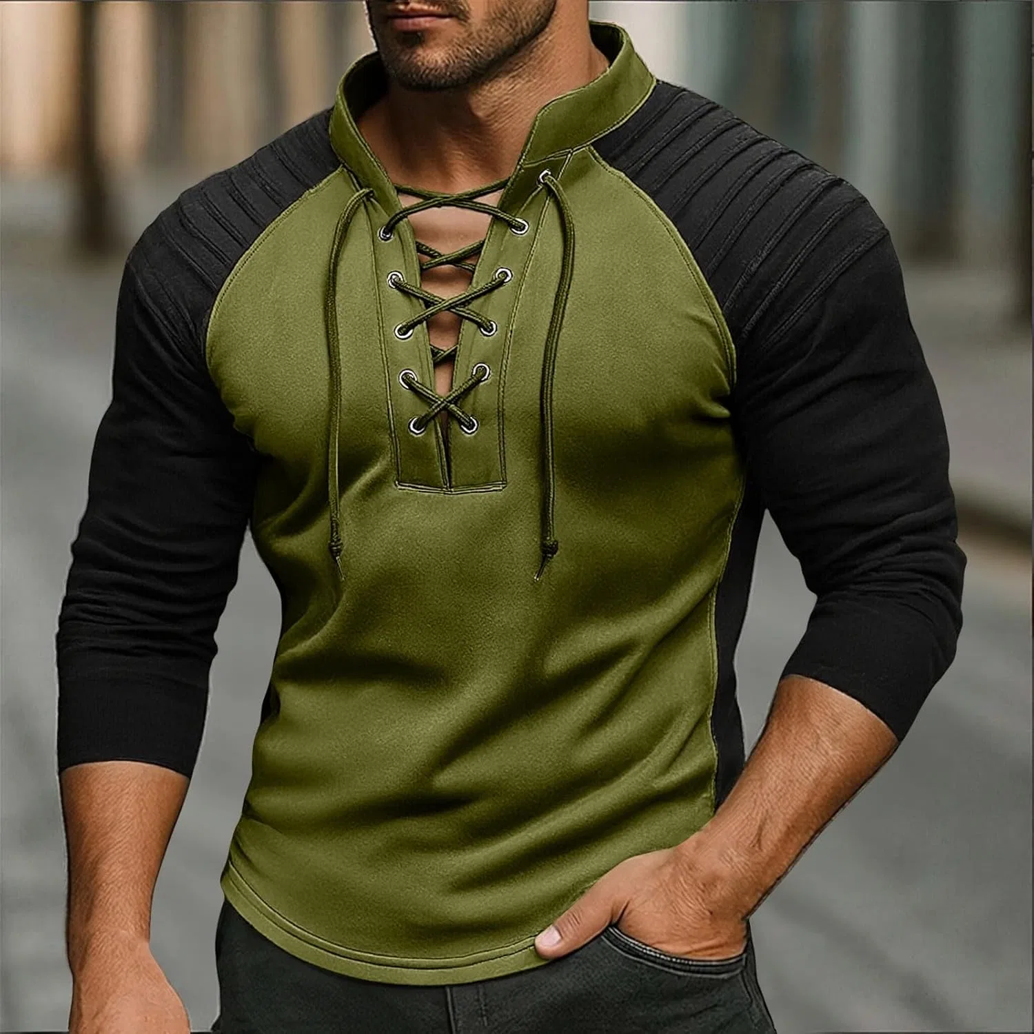 Мужская футболка с воротником-стойкой, шнуровкой, вставками из замши, Slim Fit, бренд Generic, зеленый — фото 2