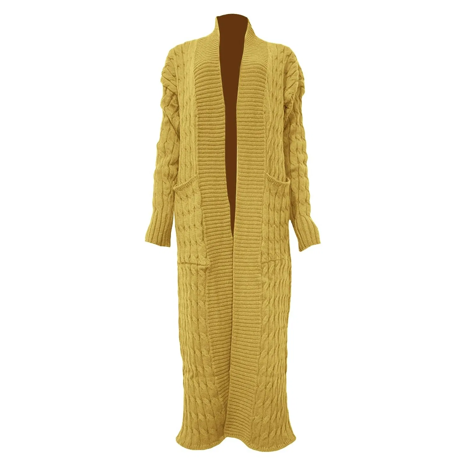 Женский удлиненный кардиган крупной вязки с карманами Plian Elegant Open Front Coat, Giallo — фото 4