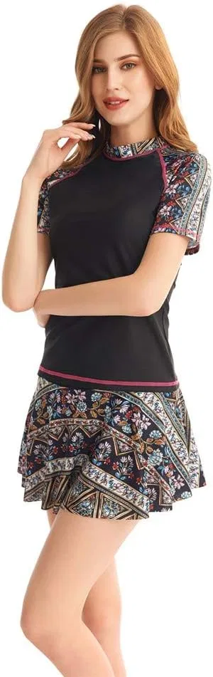 Женский танкини с принтом, Two Piece Short Sleeve, Black