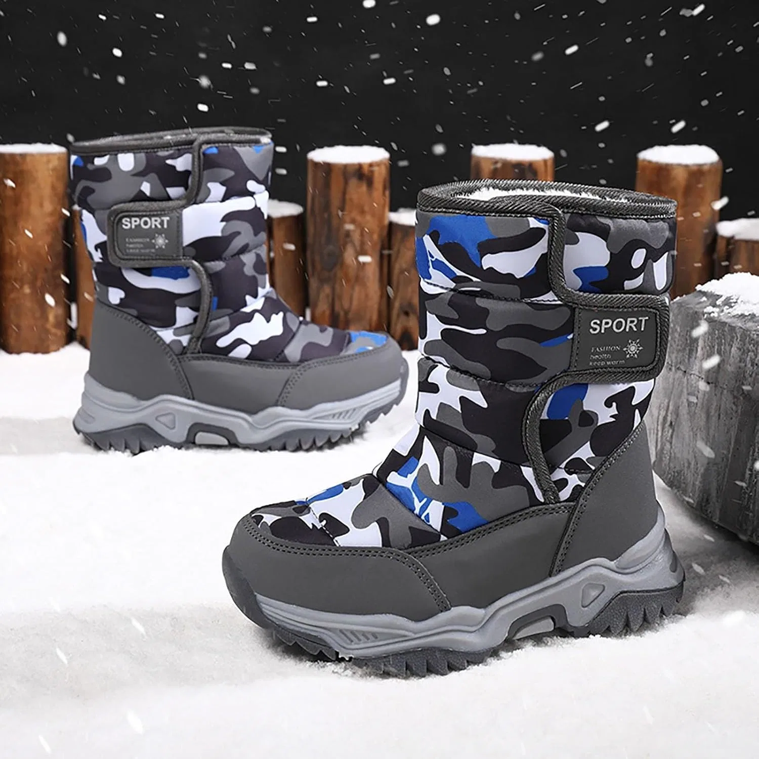 Детские зимние ботинки для мальчиков и девочек с принтом, Snow Boots, Grey — фото 2