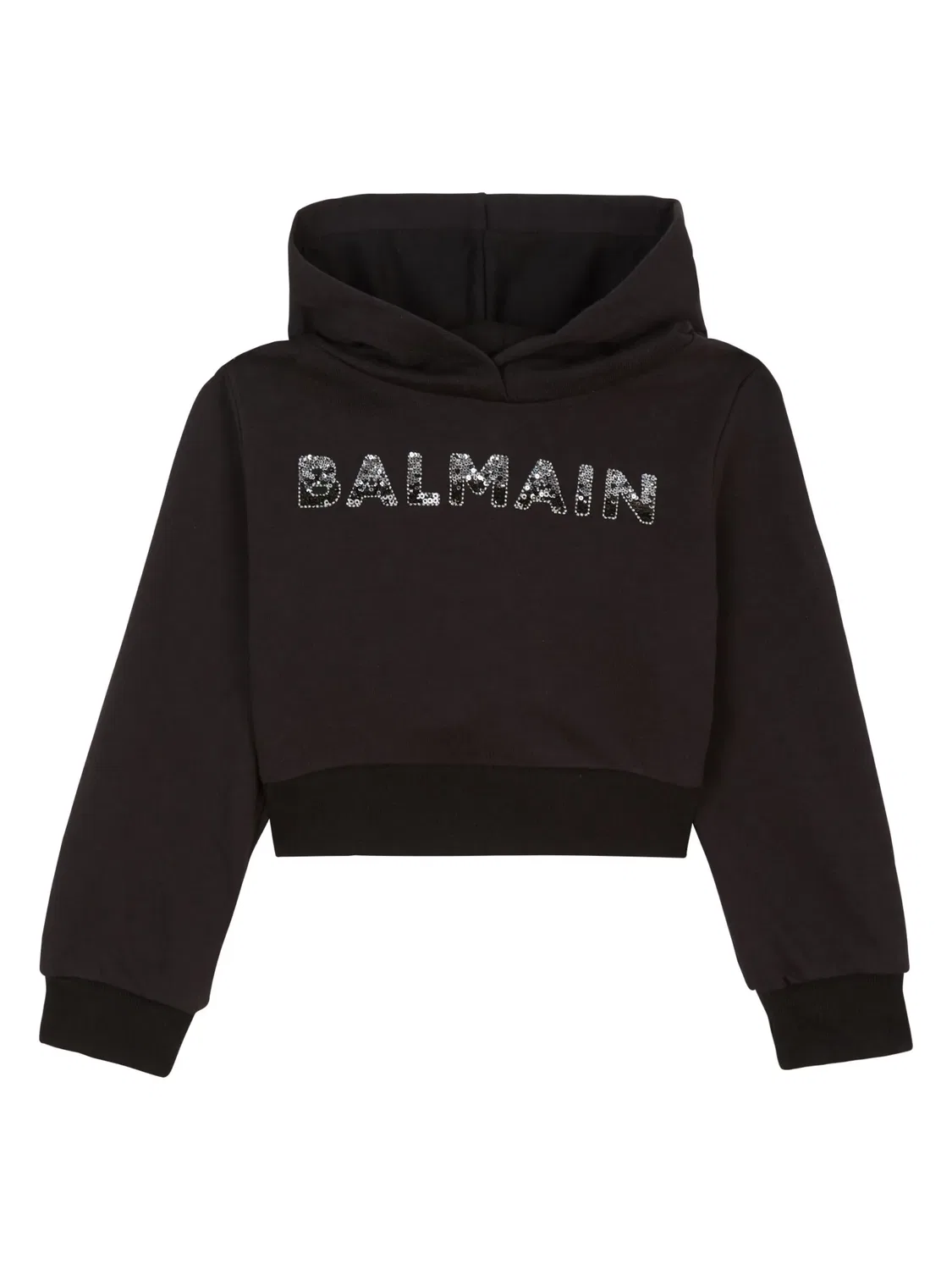 Укороченное худи с пайеточным логотипом Balmain, черный