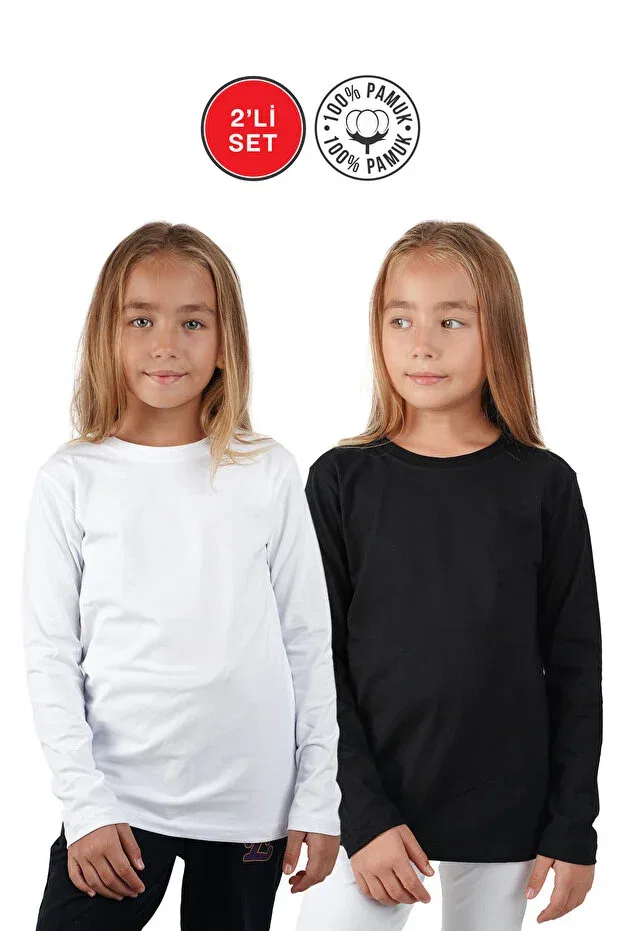 Детский комплект футболок с длинным рукавом Unisex girls and boys crew neck long sleeve set of 2 badi t-shirts white and black Lovella, White — фото 2