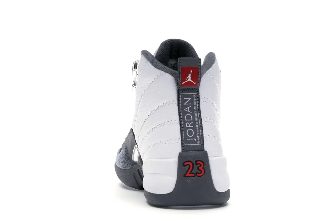 Детские кроссовки для мальчиков кожаные с принтом Jordan 12 Retro, White/Dark Grey-Gym Red — фото 4