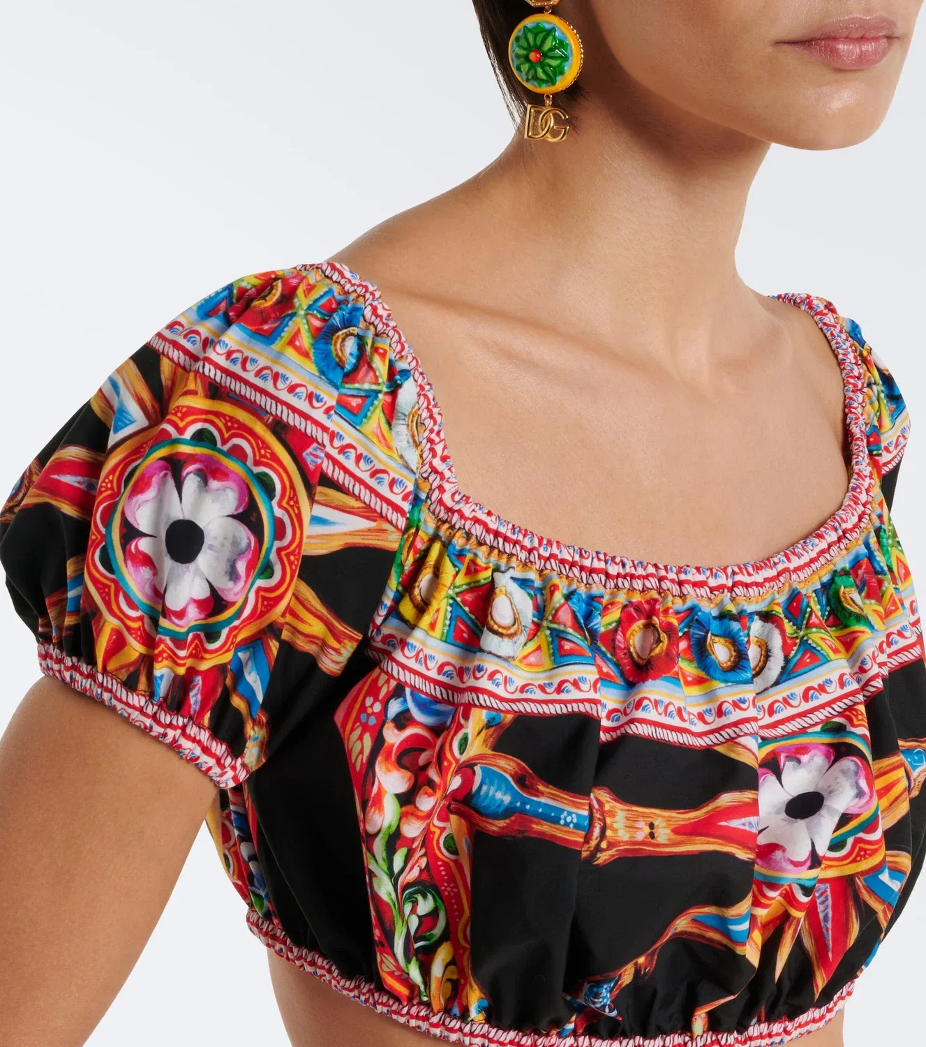 Хлопковый укороченный топ с открытыми плечами и принтом Dolce & Gabbana, мультиколор — фото 3