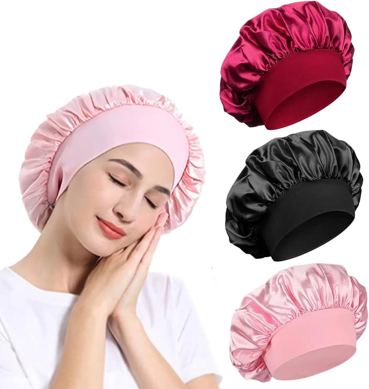 Сатин Бонне Слип Кап TRLREQ с широкой эластичной лентой, 3 шт, 30 см, Pink