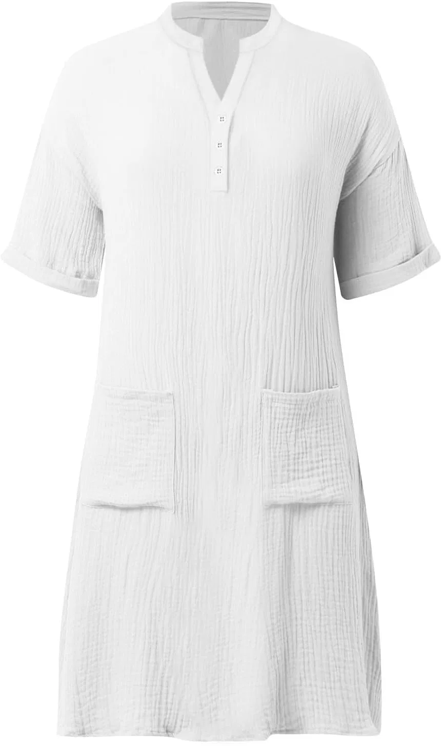 Женское платье-рубашка с закатанными рукавами из льна, White — фото 4