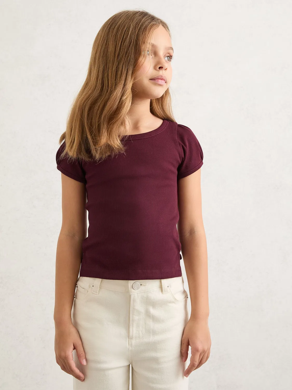Топ Reiss Gracie из рифленого хлопка с коротким рукавом-фонарик, бордовый — фото 3