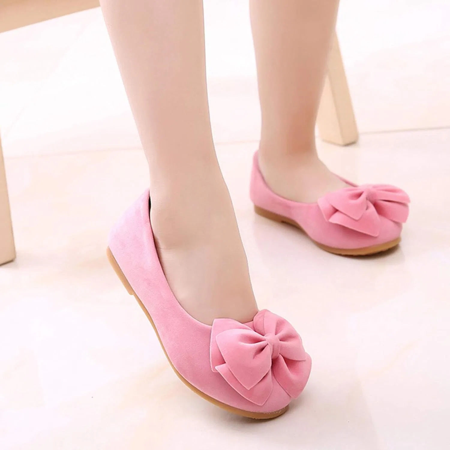 Детские балетки для девочек с бантом из замши, модель 2026, Pink — фото 2