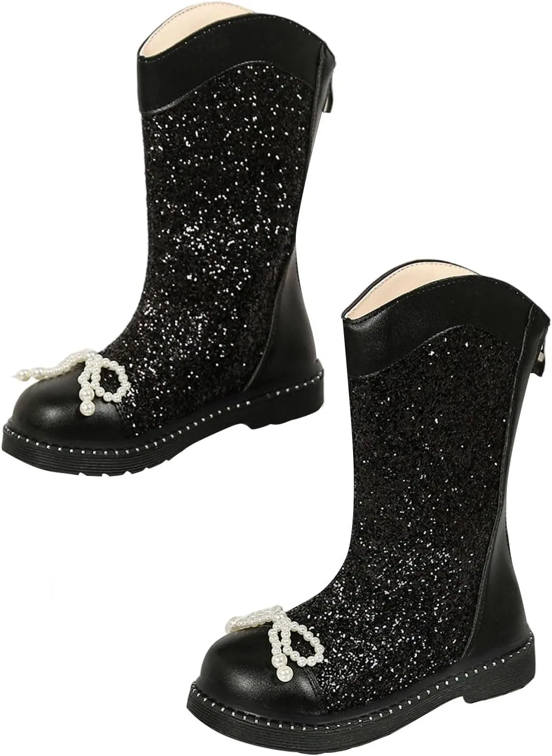 Детские сапоги для девочек с блестками и бантом Pearl Bowknot, Black — фото 3