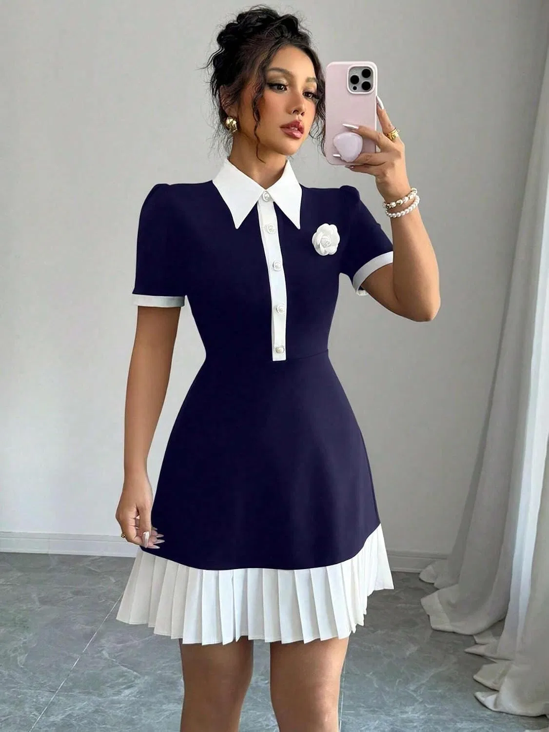 Женское элегантное цветблок платье с пышными рукавами, Navy Blue — фото 2