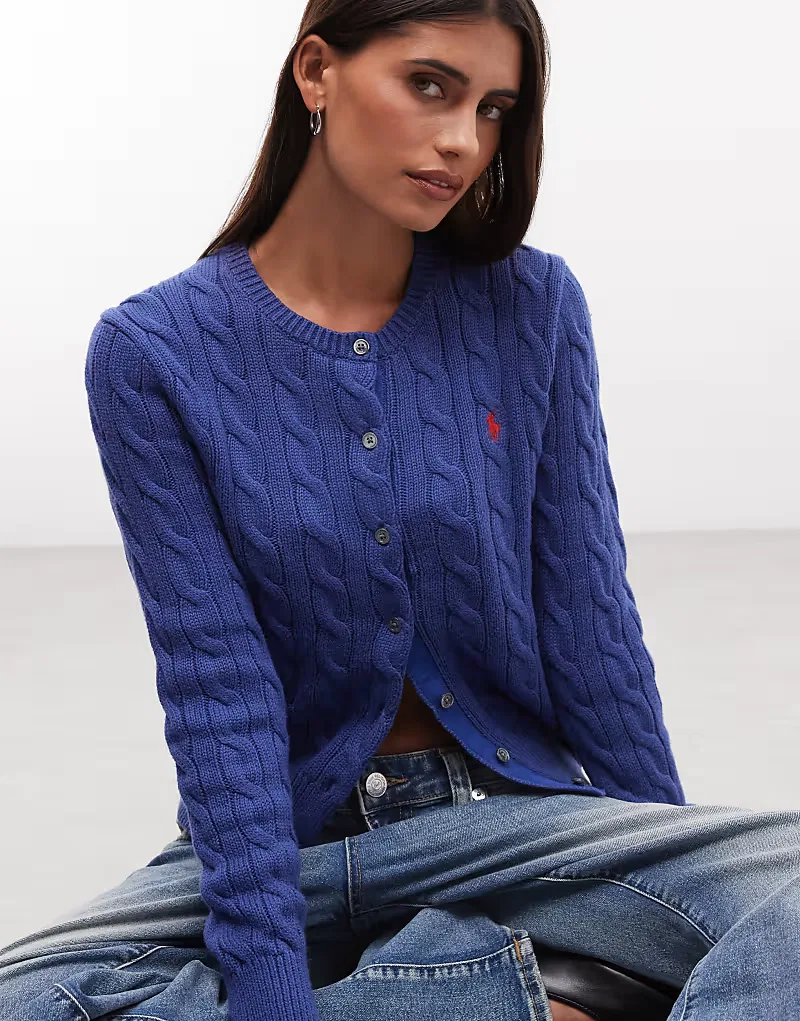 Кардиган из хлопка с косами и логотипом Polo Ralph Lauren, синий — фото 3