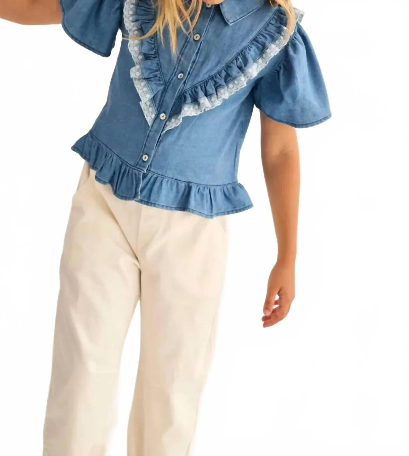 Детская блузка для девочек с короткими рукавами-крылышками Chambray Denim Blouse my little cozmo, синий