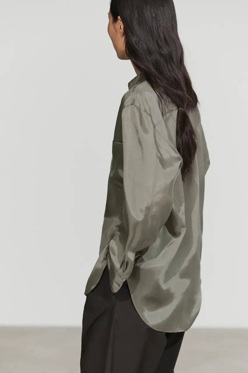 Рубашка Massimo Dutti из купро с нагрудным карманом, серо-зеленый — фото 4