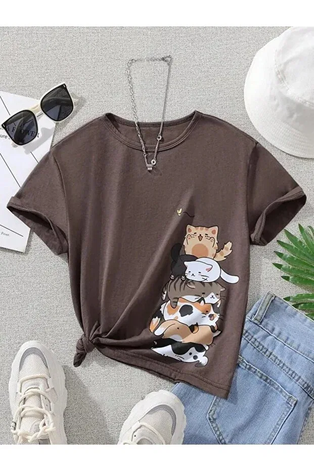 Детская футболка для девочек с принтом Kids cat printed t-shirt Daxis Sportwear Company, Brown
